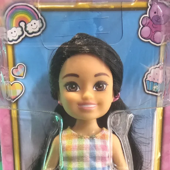 Barbie Chelsea Doll BNIB Dark Hair Brown Eyes Pastel Plaid Dress - Picture 2 of 4